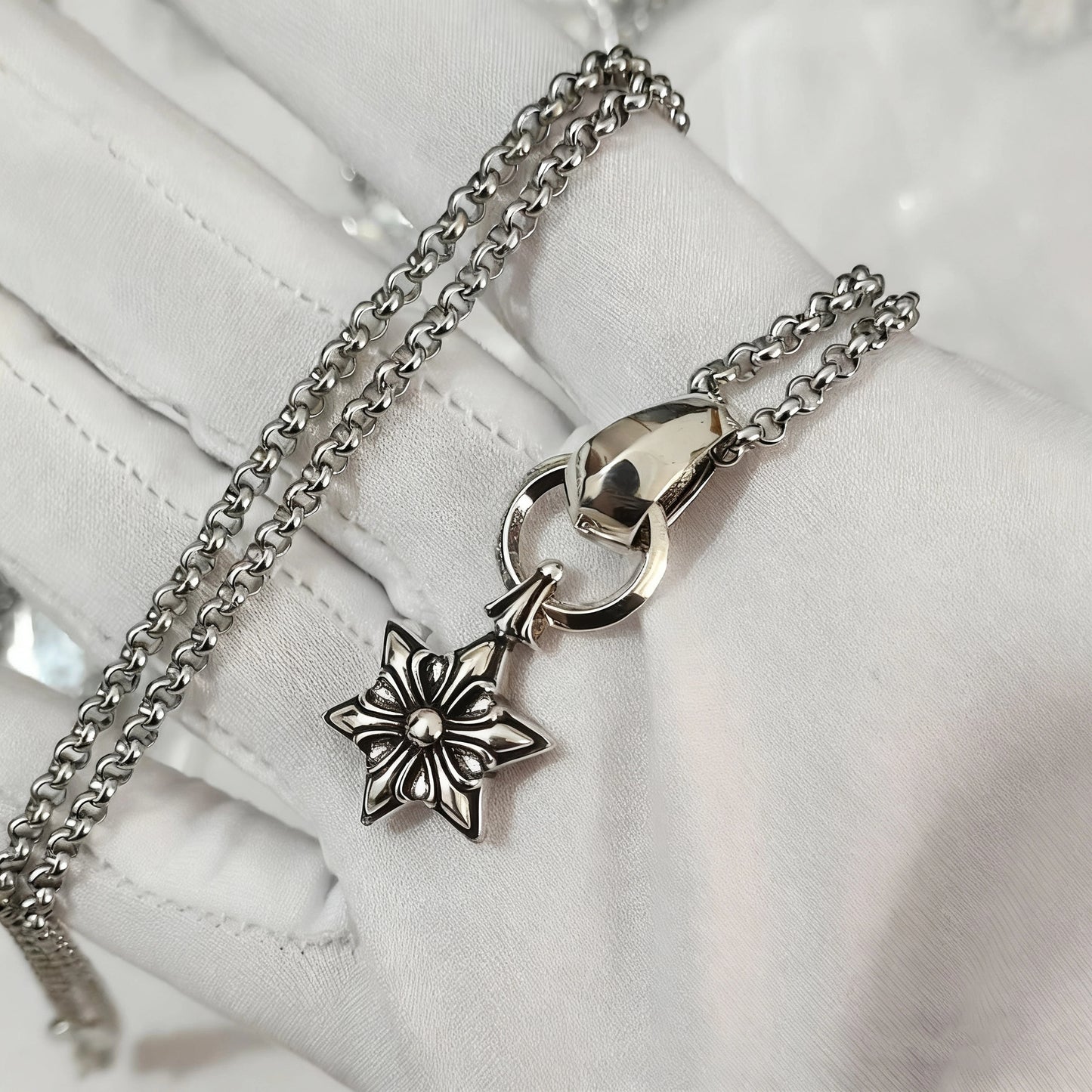 Cross necklace hexagonal star sword boat anchor pendant paired with letter flame pearl chain ﻿